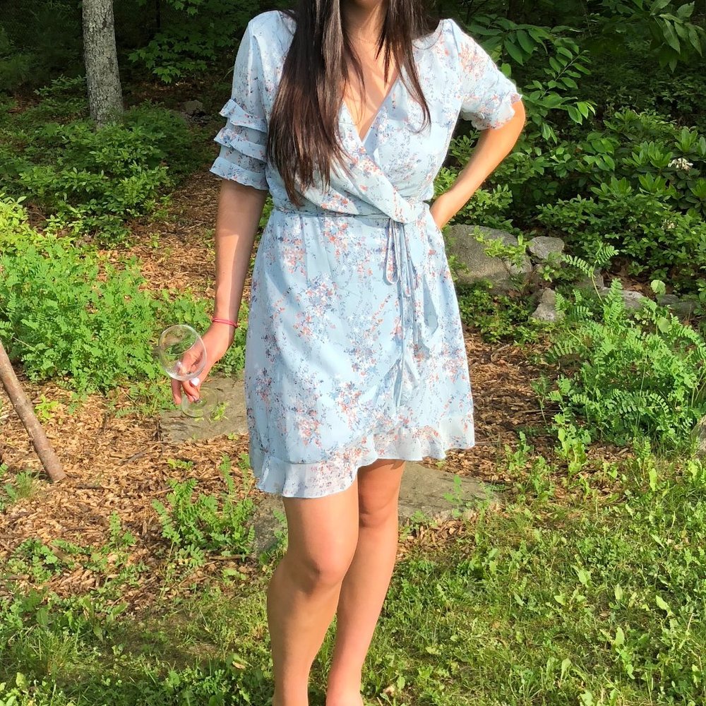 AQUA Blue Floral Wrap Dress